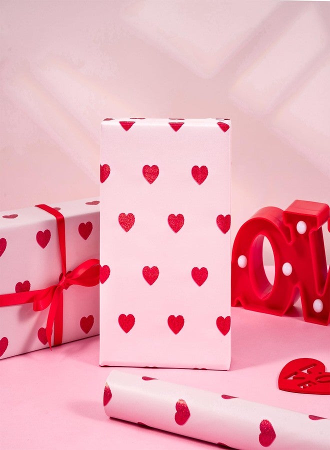 LeZakaa Valentines Wrapping Paper Roll, Pink Red Glitter Heart Design for Romantic Gifts, Wedding, Anniversary, Valentine's Day, Girls Holiday Party, Mini Roll, 17in x 16.4Ft - Image 2